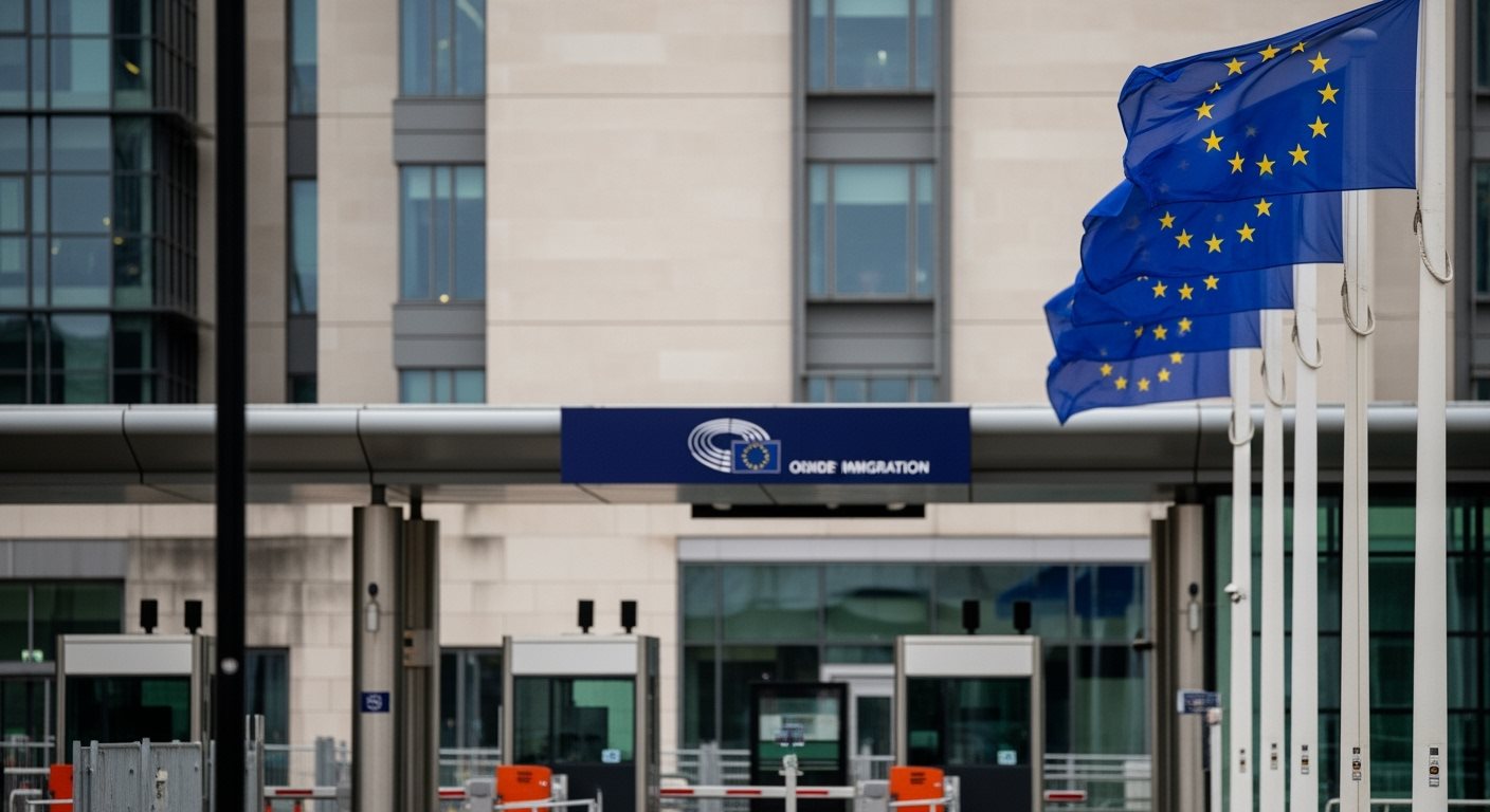 Drapeaux Union Européenne et contrôle frontière britannique