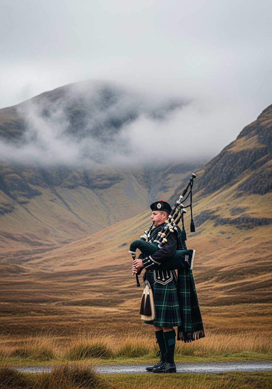 Montagnes des Highlands écossais avec joueur de cornemuse